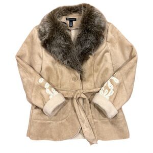 INC International Concepts Cream Penny Lane Coat with Faux Fur Collar Sz L